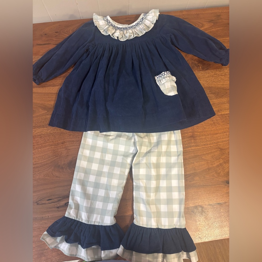 Size 4T Busy Bee Smocks Navy Blue Ruffle Collar Top with Plaid Pants